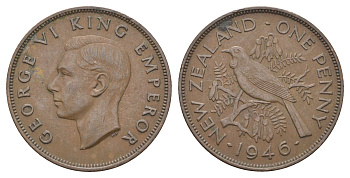 Новая Зеландия 1 пенни 1946 Георг VI (1936-1952), новозеландский туи KM 13 бронза 4661-323