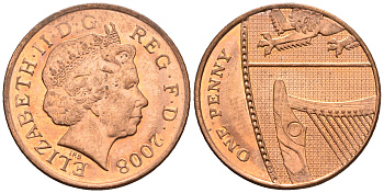 Великобритания 1 пенни 2008 Елизавета II (1952-2022) KM 1107, Spink B6 сталь плакированная медью 4609-645