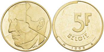 БЕЛЬГИЯ 5 ФРАНКОВ 1992 BELGIE, БОДУЭН I (1951-1993) KM 164 латунь или алюминиевая бронза 4364-1556