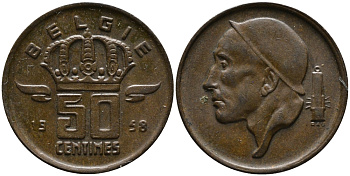 Бельгия 50 сантимов 1958 Belgie, Бодуэн I (1951-1993) KM 149.1 бронза 99-348