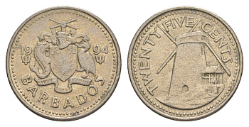 Барбадос 25 центов 1994 ветряная мельница Моргана Льюиса KM 13 медно-никель 4646-232