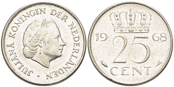 НИДЕРЛАНДЫ 25 ЦЕНТОВ 1968 ЮЛИАНА (1948-1980) KM 183 никель 214-952