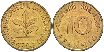 ФРГ 10 ПФЕННИГОВ 1980 F KM 108, J. 383 сталь плакированная латунью 219-533