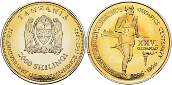 Танзания 2000 шиллингов 1996 XXVI Олимпийские игры 1996 года в Атланте, 100 лет Олимпийскому движению, бег, пробник, гладкий гурт медно-никель PROOF 06-135-14