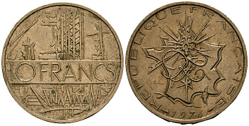 Франция 10 франков 1976 тип Матье KM 940, Le Franc 365.7-8 никель латунь 4120-511