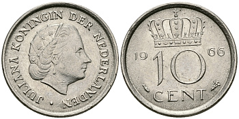 НИДЕРЛАНДЫ 10 ЦЕНТОВ 1966 ЮЛИАНА KM 182 никель 96-366