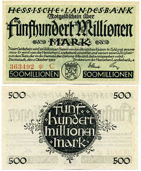 Германия, Дармштадт 500000000 марок (500 миллионов) 1923 1 октября 1923, нотгельд, земля Гессен, номер, снежинка, серия С, Hessesche Landesbank Keller 956е  бумага  аUNC  8613-20-3-2