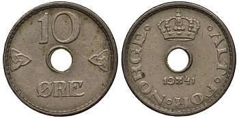 Норвегия 10 эре 1941 Хокон VII (1905-1957) KM 383 медно-никель 4549-952