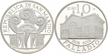 Сан-Марино 10 евро 2008 500 лет Андреа Палладио KM 514 серебро PROOF 1074-10-42