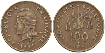 Французская Новая Каледония 100 франков 1991 хижина среди сосен и пальм, (IEOM) KM 15, Schoen 16, Lec 136 никель бронза 88-715