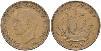 Великобритания 1/2 пенни 1943 Георг VI (1936-1952) KM 844, Spink 4115 бронза 4538-136