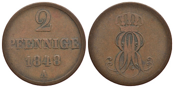 Ганновер 2 пфеннига 1848 A, Эрнст Август (1837-1851) KM 202.2, AKS 125, J. 75 медь 413-3312