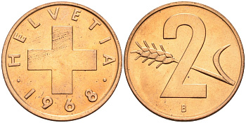 Швейцария 2 раппена 1968 В KM 47 бронза UNC 4573-1133