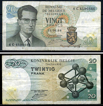 Бельгия 20 франков 1964 Бодуэн I, атомиум, Kestens Pick 138 (3) бумага 6299-27-2-2