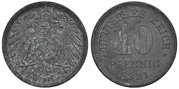 Германия 10 пфеннигов 1921 KM 26, J. 299, Weege 8 цинк 4119-417