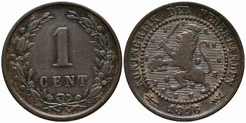 Нидерланды 1 цент 1896 Вильгельмина (1890-1948) KM 107 бронза 112-443
