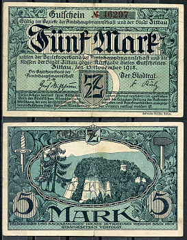 Германия, Циттау 5 марок 1918 нотгельд, 15.11.1918, 5 цифр в номере Geiger 578.01  бумага   444-113-1-2