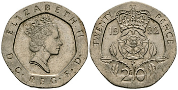Великобритания 20 пенсов 1992 Елизавета II (1952-2022) KM 939, Spink 4361 (G2) медно-никель 4538-1253