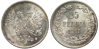 Россия для Финляндии 25 пенни 1917 S, временное правительство, без короны KM 19, Биткин 2 серебро 75-1468