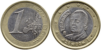 ИСПАНИЯ 1 ЕВРО 2000 ХУАН КАРЛОС I KM 1046 биметалл 4391-222