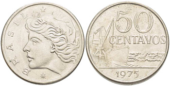 Бразилия 50 сентаво 1975 голова свободы влево KM 580a, Schon 85a нержавеющая сталь 217-1217