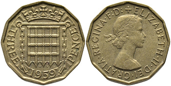 Великобритания 3 пенса 1959 Елизавета II (1952-2022) KM 900, Spink 4153 никель латунь 65-942