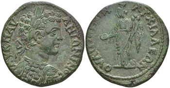 Римская Империя, Провинция Фракия, Анхиал АЕ 198 - 217 Каракалла, бюст императора / Омонойя, божество Согласия, 9,88 гр Varbanov 368 медь 1073-22-33