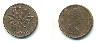 Канада 1 цент 1972 Елизавета II (1952-2022), кленовый лист KM 59.1 бронза 80-732