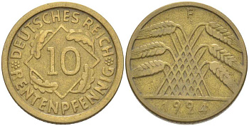 ГЕРМАНИЯ 10 РЕНTЕНПФЕННИГОВ 1924 F KM 33, J. 309, Weege 8 алюминиевая бронза 210-326
