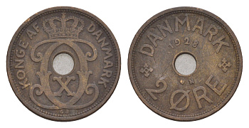 Дания 2 эре 1928 N, Кристиан X (1912-1947) KM 827 бронза 4658-221