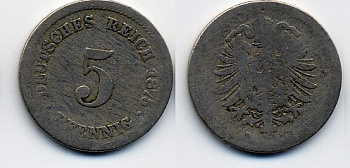 ГЕРМАНИЯ 5 ПФЕННИГОВ 1875 D, СТАРОГЕРБОВКА KM 3, J.3 медно-никель 46-367