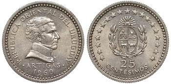 Уругвай 25 сентесимо 1960 KM 40 медно-никель 4576-856