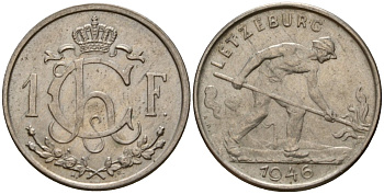 Люксембург 1 франк 1946 Шарлотта (1918-1964), сталевар KM 46.1 медно-никель 4603-1114