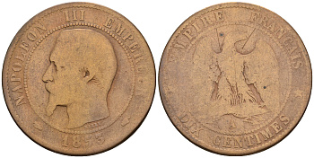 Франция 10 сантимов 1853 A, Наполеон III (1852-1870) KM 771.1 бронза 221-436