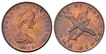 Остров Мэн 2 пенса 1976 птица, Елизавета II (1952-2022) KM 34 бронза UNC 4666-346