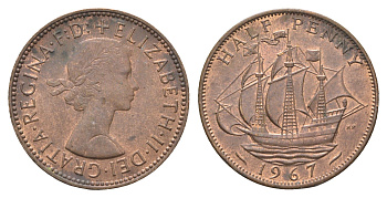 Великобритания 1/2 пенни 1967 Елизавета II (1952-2022) KM 896, Spink 4158 бронза 4663-127