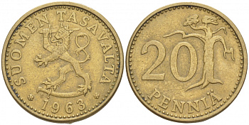 ФИНЛЯНДИЯ 20 ПЕННИ 1963 S ПЕРВЫЙ ГОД KM 47 алюминиевая бронза 3718-1153