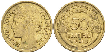 ФРАНЦИЯ 50 САНТИМОВ 1941 ТИП MORLON KM 894.1, LE FRANC 192.18 алюминиевая бронза 44-542