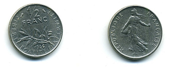 ФРАНЦИЯ 1/2 ФРАНКА 1966 СЕЯТЕЛЬ KM 931.1, LE FRANC 198.5 никель 57-1149