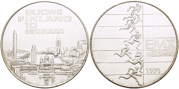 Финляндия 10 марок 1971 S-H, X Чемпионат Европы по легкой атлетике KM 52 серебро UNC 1515-1341