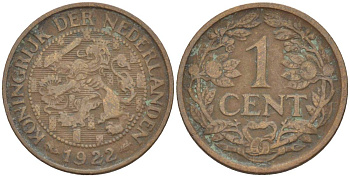 НИДЕРЛАНДЫ 1 ЦЕНТ 1922 ВИЛЬГЕЛЬМИНА I (1891-1948) KM 152 бронза 4532-632