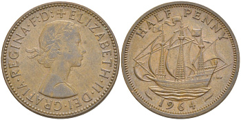 Великобритания 1/2 пенни 1964 Елизавета II (1952-2022) KM 896, Spink 4158 бронза 4544-142