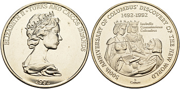 Теркс и Кайкос 5 крон 1991 500 лет открытия Америки, Колумб и королева Изабелла KM 75 медно-никель  UNC 1078-2-11