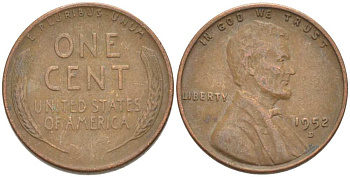 США 1 ЦЕНТ 1952 D, ЛИНКОЛЬН KM А132 медь цинк 3309-1014