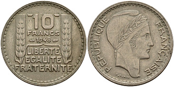 Франция 10 франков 1949 B, тип Пьер Турин, Grosse Tete KM 909.1, LE FRANC 362.3 медно-никель 4150-844