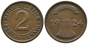 ГЕРМАНИЯ 2 РЕНТЕНПФЕННИГА 1924 E KM 31, J.307 бронза 86-1716