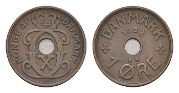 Дания 1 эре 1928 N, Кристиан X (1912-1947) KM 826 бронза 4658-142