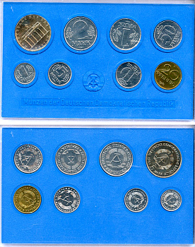 ГДР официальный набор из 8 монет включая 5 марок Бранденбургские ворота 1981 тираж 25000 экземпляров, твердый пластик KM MS3   UNC  1181-4-18