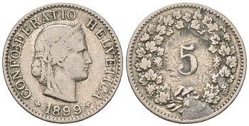 Швейцария 5 раппенов 1899 B KM 26 медно-никель 4158-1138