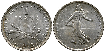 Франция 1 франк 1918 сеятель KM 844.1, Le Franc 217.24 серебро UNC 259-716